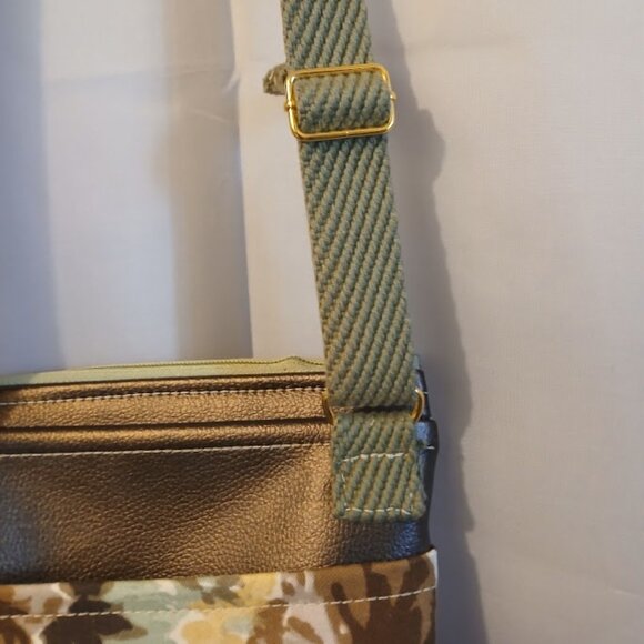 New Travel Sling Crossbody Brown Bronze faux leather & Mint Yellow Floral fabric - Picture 6 of 10